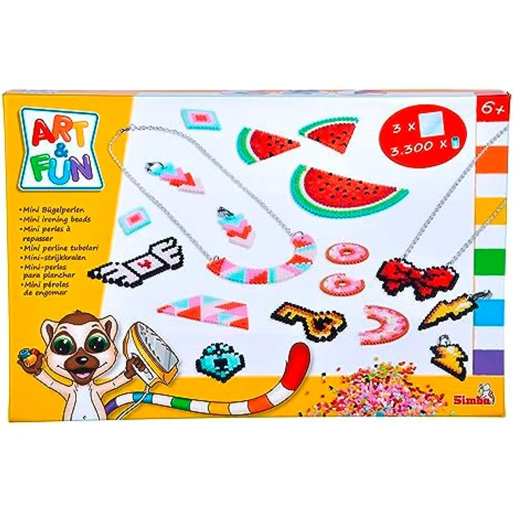 Simba 106374632 Art und Fun Mini Bügelperlen Halskette und Ohrring, 3.300 Perlen, 3 Steckplatten, Bügelpapier, 4X Ohrclip, 2X Kette, je 44cm, 10x Metallring, ab 6 Jahren
