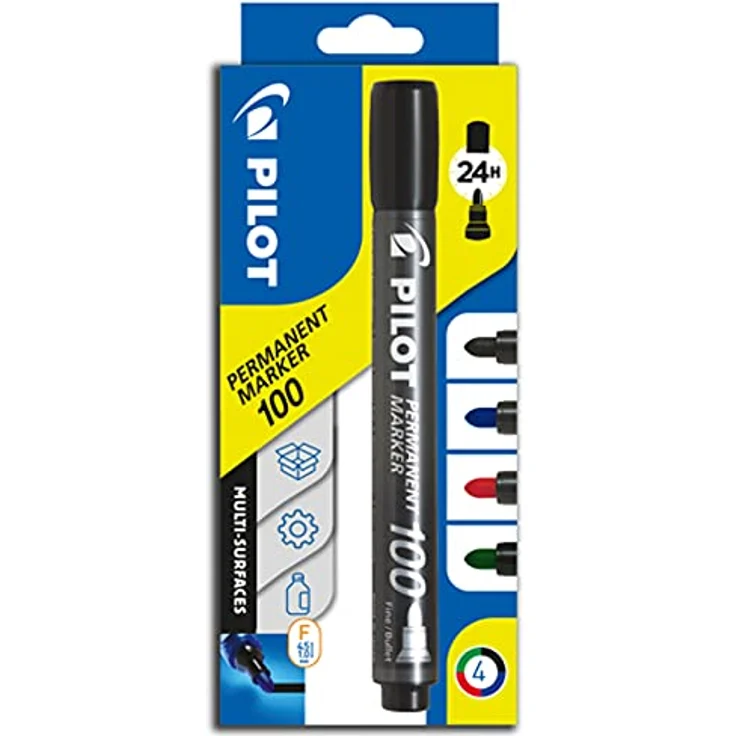 PILOT Permanent Marker 100 mit Rundspitze, 4er Set (Blau, Schwarz, Rot, Grün) – Bild 1