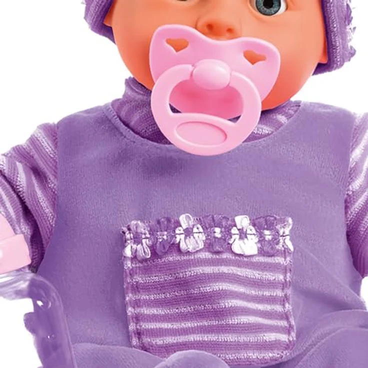 Bayer Babypuppe First Words Baby, 38 cm, lila, mit Schlafaugen und 24 Babygeräuschen, 3-tlg. Set mit Flasche und Schnuller – Bild 10