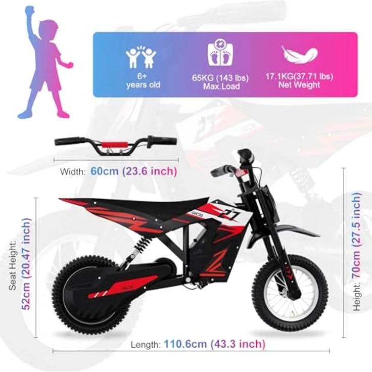 RCB R9X Elektro Motorrad, 12 Zoll Luftreifen, 300 W Motor, 5,2Ah Akku, 3 Geschwindigkeitsmodi bis 25 km/h, Reichweite 17 km, Kinder Moto Crossbike – Bild 5
