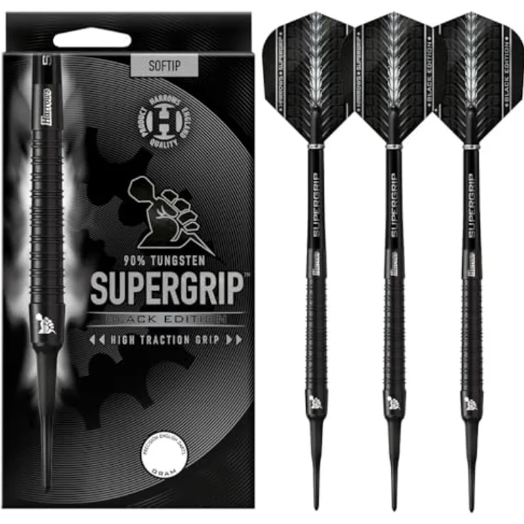Harrows SUPERGRIP Black Edition 90% Wolfram-Dart-Set mit weicher Spitze, inkl. Supergrip-Schäften und Supergrip-Flights, 18 g
