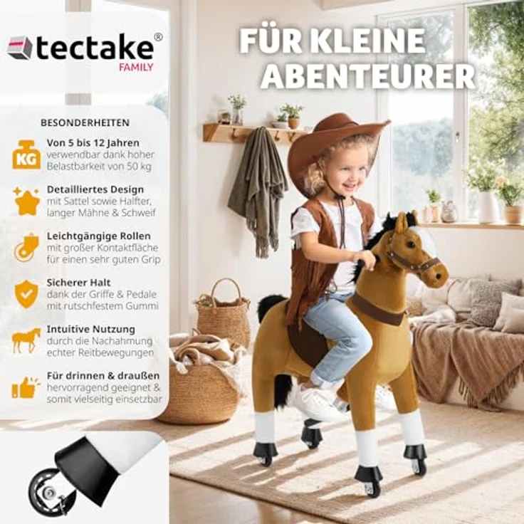 tectake® Schaukelpferd, Plüsch Pferd auf Rollen, Spielzeug zum Reiten - für Kinder, Outdoor - 34 x 89 x 100 cm, Stabiles Stahlgestell, Weicher Plüschbezug – Bild 2