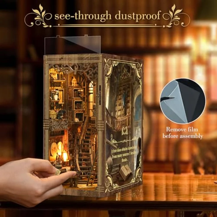 Cuiwos Book Nook Bausatz (Klassische Edition) – DIY Miniatur-Holzpuzzle mit LED-Beleuchtung, Vintage Bücherzimmer als 3D-Puppenhaus-Buchstütze für kreative Dekoration – Bild 4