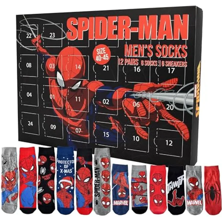 United Labels Marvel Spiderman Adventskalender, 12 Paar Socken für Herren (Größe 40-45), Sneaker und lange Socken, offizielles Merchandise, ideales Weihnachtsgeschenk