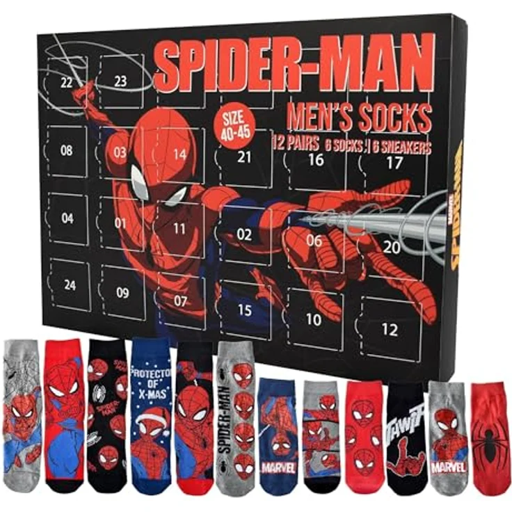 United Labels Marvel Spiderman Adventskalender, 12 Paar Socken für Herren (Größe 40-45), Sneaker und lange Socken, offizielles Merchandise, ideales Weihnachtsgeschenk – Bild 1