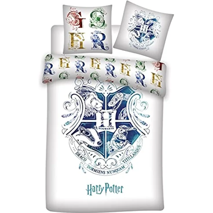 Harry Potter BrandMac Bed Linen – Erwachsenengröße 140 x 200 cm – Wendbares Design mit leuchtendem Hogwarts-Emblem, bunt