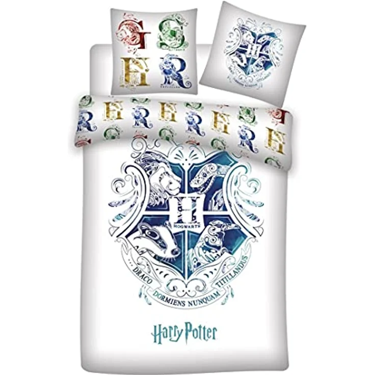Harry Potter BrandMac Bed Linen – Erwachsenengröße 140 x 200 cm – Wendbares Design mit leuchtendem Hogwarts-Emblem, bunt