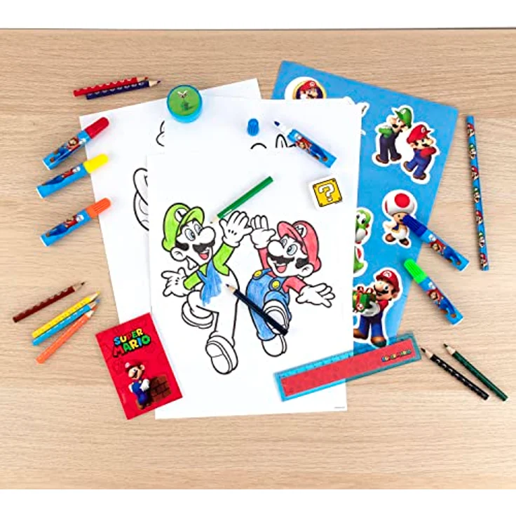 Super Mario Farbkasten Schreibwaren-Set, 35-teiliges Kreativset für Kinder mit Stiften, Linealen und Notizblöcken – Bild 4
