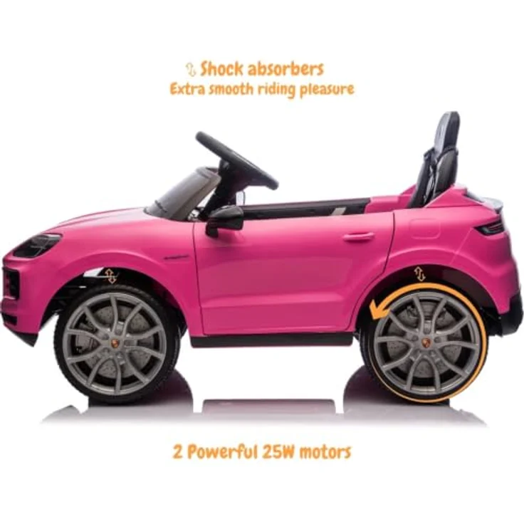 Vrooomy Porsche Cayenne Kinder Elektroauto 12V mit Fernbedienung, Rosa, für 1 bis 5 Jahre mit MP3-Player, LED-Scheinwerfern und Sicherheitsgurt – Bild 7