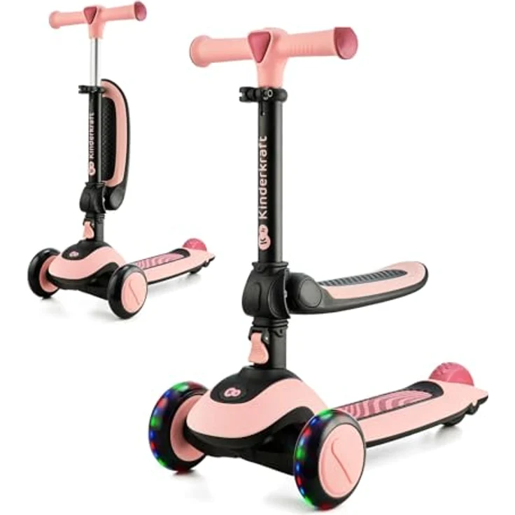 kk Kinderkraft Kinderkraft Halley Scooter 2 in 1, Kinderroller ab 1 Jahr bis zu 50 kg, Tretroller, Dreirad Roller mit Klappbar Sitz, LED Räder, Höheverstellbare Lenker, Zusammenklappen, Modernes Design, Rosa – Bild 1