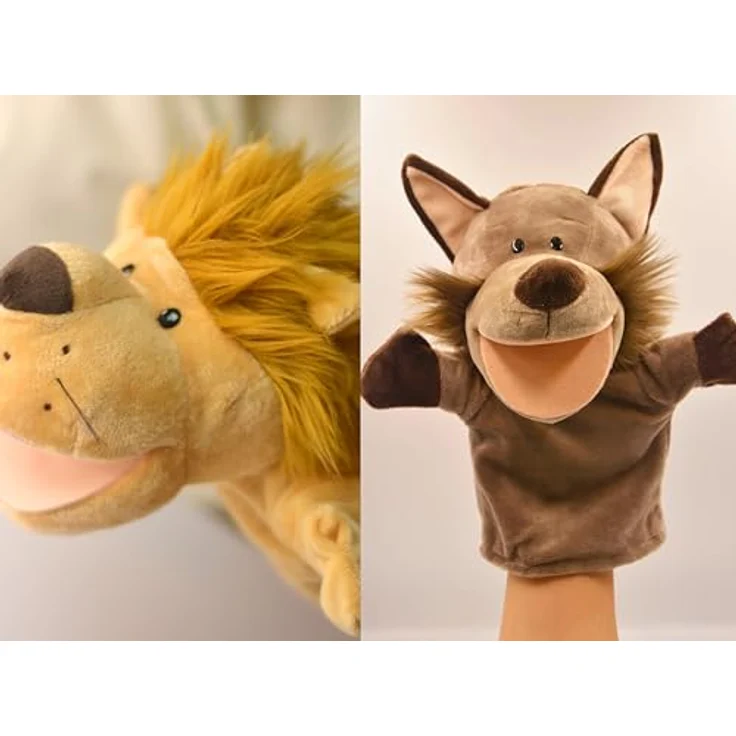 LOMTRATS Handpuppen Set für Kinder, 5 Stück Wolf, Tiger, Löwe, Affe mit beweglichen offenen Münder für fantasievolles Geschichtenerzählen und Lernen, ca. 25 cm, Plüsch, waschbar – Bild 1