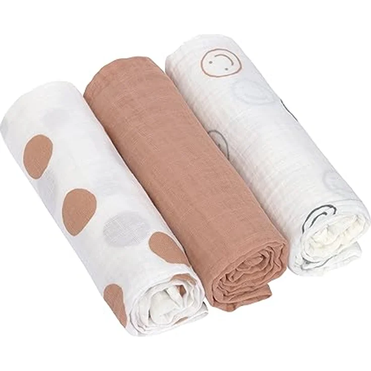 LÄSSIG Baby Puckdecke Spuckdecke Pucktuch Mulltuch 3er Set Baumwolle 85 x 85 cm/Swaddle & Burp Blanket L Tiny Smile maple – Bild 1
