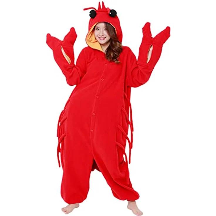 SAZAC Hummer Onesie Kigurumi Einteiler Kostüm Jumpsuit | für Kinder und Erwachsene | One Size Fits All (155 – 180 cm) | Polyester-Fleece-Stoff | mit warmer Kapuze - Rot – Bild 2