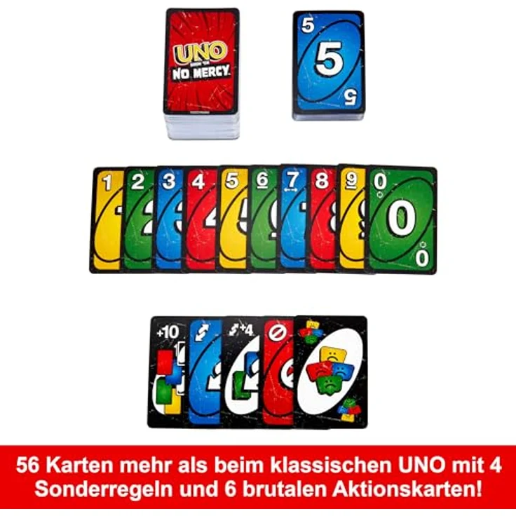 Mattel UNO Show 'em No Mercy - 56 zusätzliche Karten, harte Aktionskarten und brutale Spielregeln, ab 7 Jahren, HWV18 – Bild 3