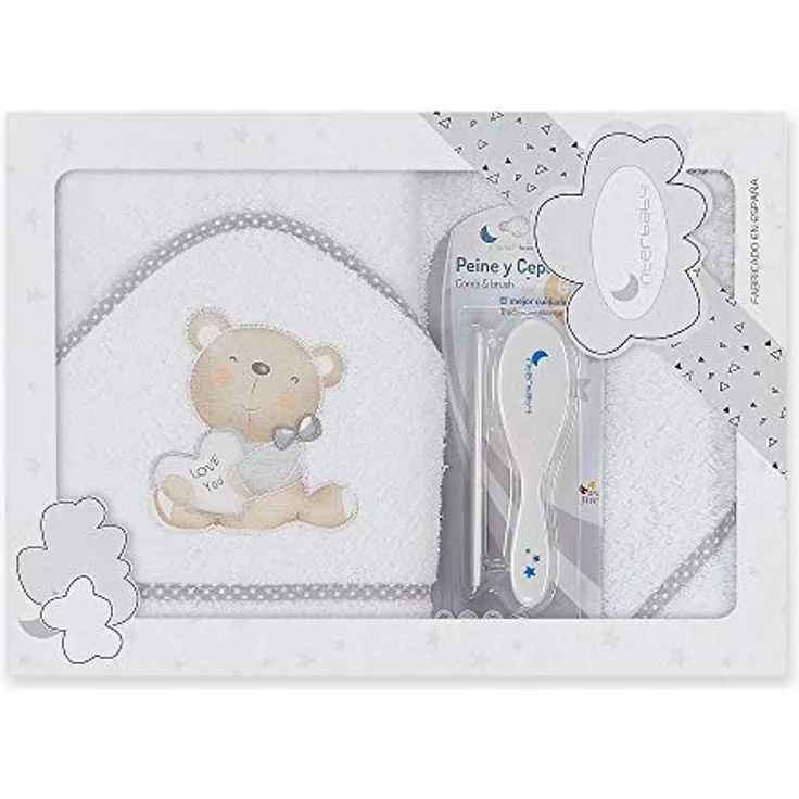 Interbaby P1177-18 Baby Kapuzenbadetuch LOVE YOU weiss e grau, mit Kamm und Bürste, grau