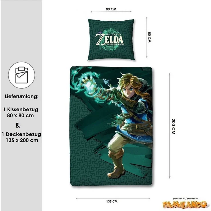 Zelda Bettwäsche Set 135x200 80x80 aus 100% Baumwolle mit Reißverschluss grünes Motiv Tears of the Kingdom – Bild 2
