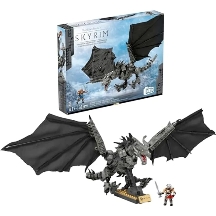 MEGA Skyrim Actionfigur Bauspielzeug, Alduin der Weltenfresser mit 619 Teilen und Dragonborn-Figur, für Sammler, HXR98