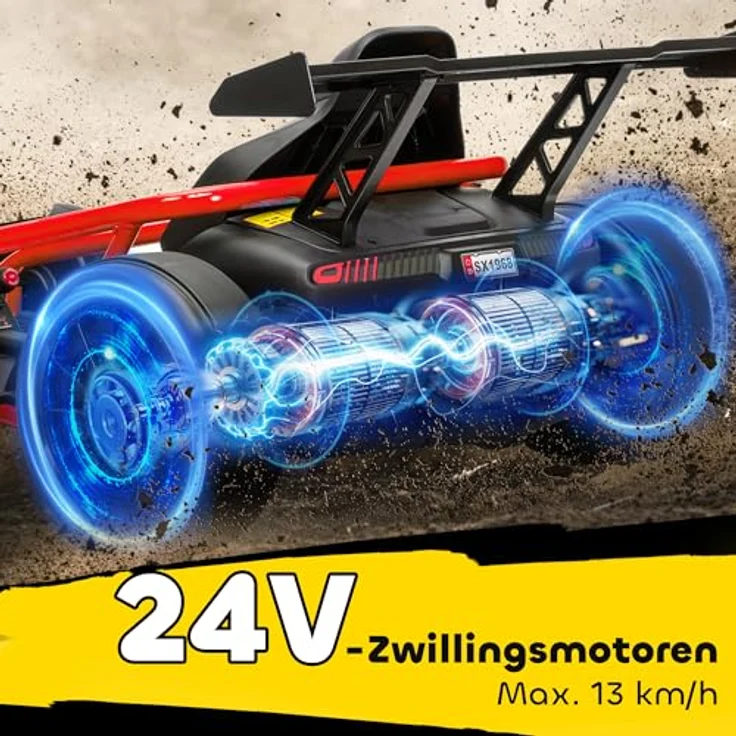 AIYAPLAY Kinder Elektro Gokart 24V Drift Kart mit 2 Motoren, 6-13 km/h, verstellbarem Sitz, Driftmodus, sanftem Start, Musik und Hupe, rot, für 8-12 Jahre – Bild 4