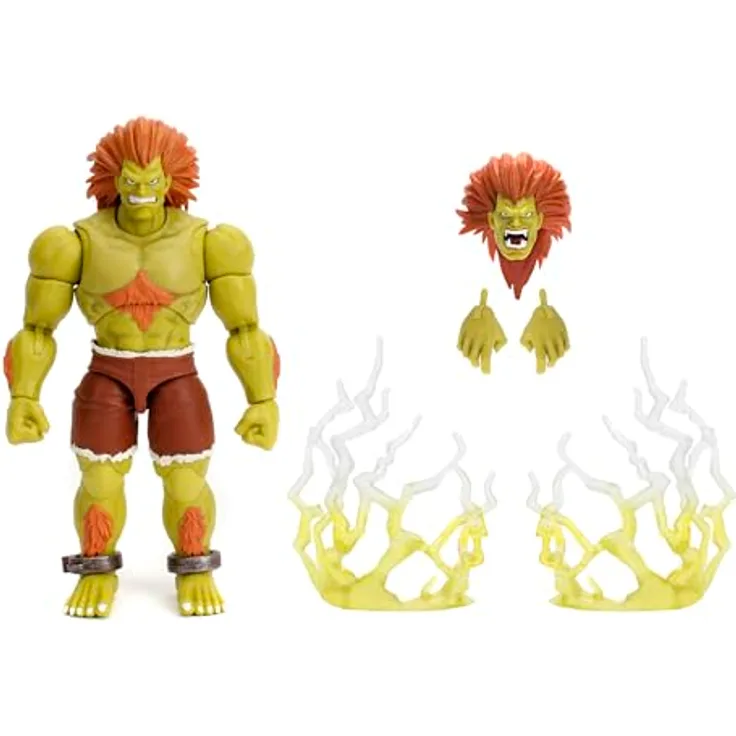 Jada Toys Street Fighter Figur Blanka, 19 cm bewegliche Actionfigur mit alternativem Kopf, Händen und Electric Thunder Zubehör, grün, ab 13 Jahre