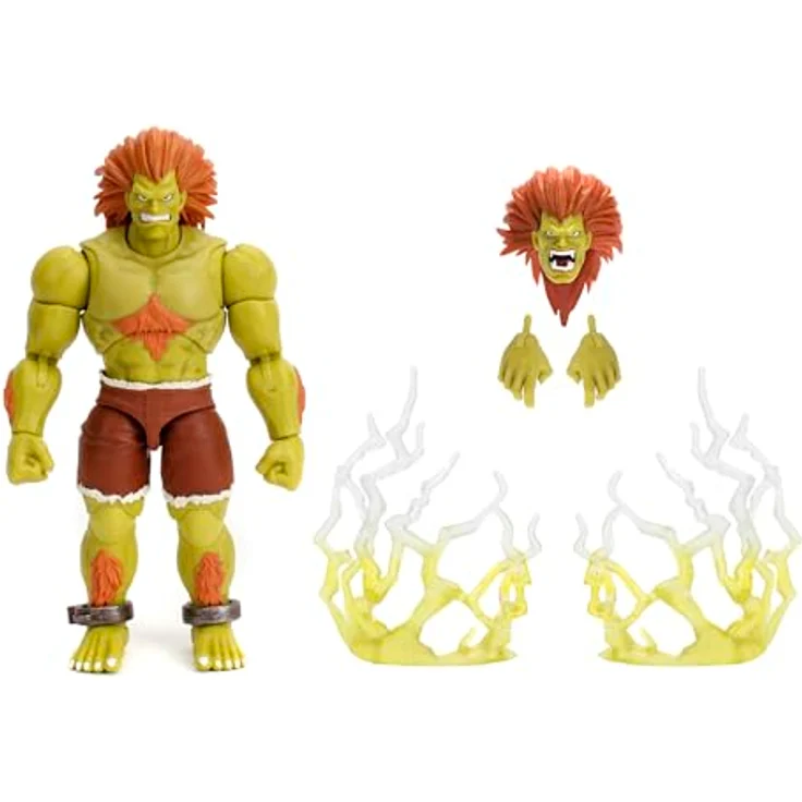 Jada Toys Street Fighter Figur Blanka, 19 cm bewegliche Actionfigur mit alternativem Kopf, Händen und Electric Thunder Zubehör, grün, ab 13 Jahre – Bild 1