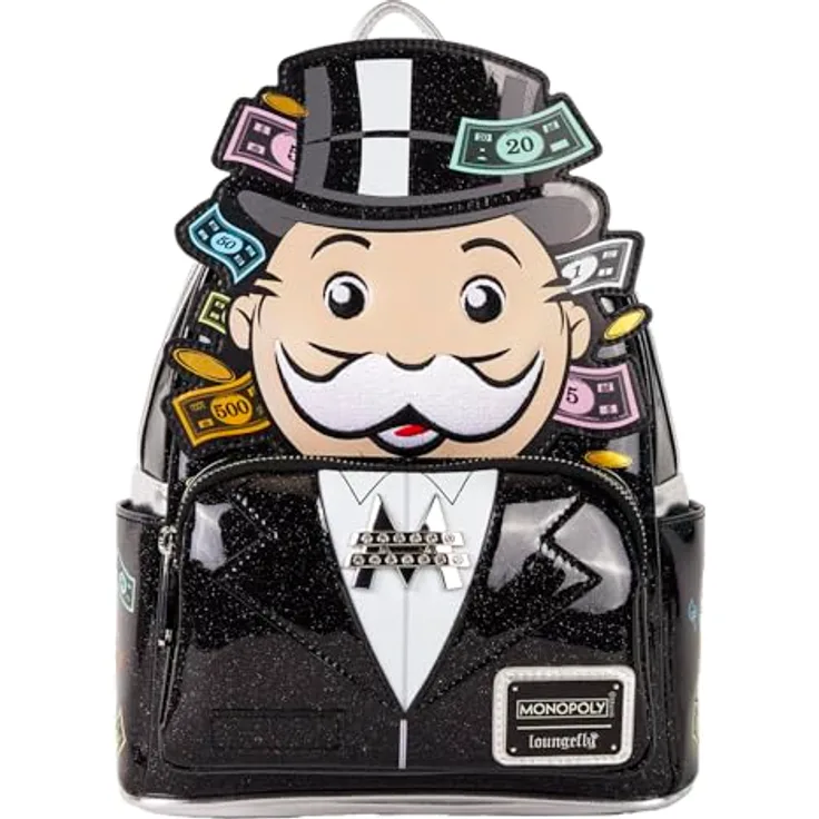 Loungefly Hasbro Monopoly Pennybags Mini Rucksack, veganes Lackleder mit glitzernden Details, 22,9 x 26,7 x 11,4 cm