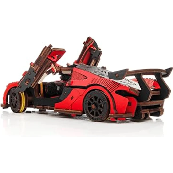 Eco Wood Art Modellbausatz Racing Car Rennauto, 237-teilig, Holzmodell in rot oder gelb mit Federmechanismus und öffnenden Türen – Bild 3