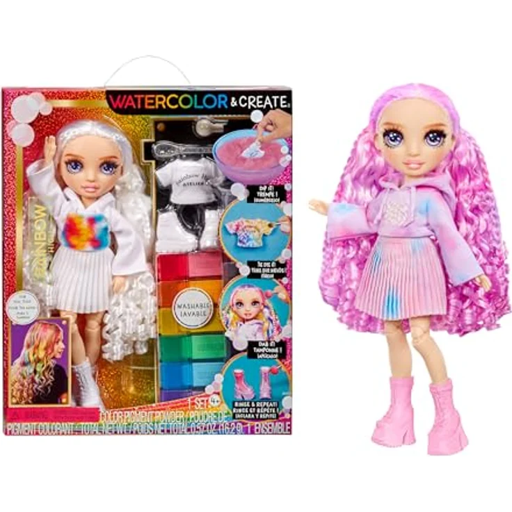 Rainbow High Watercolour & Create DIY Modepuppe - Lila Augen, Lockenhaar, Auswaschbare Wasserfarben & Batikset - Extra Top & Schuhe - Malen, Gestalten, Spielen - 4-12+ Jahre – Bild 1