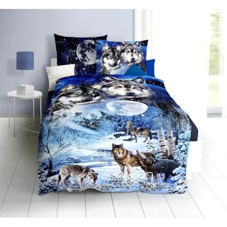 JACK by Kaeppel Mako Satin 135x200cm Digitaldruck Bettwäsche 2 TLG. Wolf Nights Saphir Blau Anthrazit Grau Wölfe