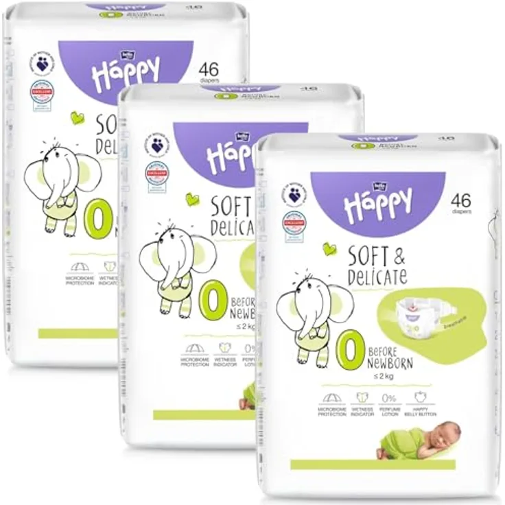 Bella Baby Happy Soft&Delicate Size 0 Before Newborn, Einwegwindeln für Neugeborene bis 2 kg, 46 St., atmungsaktiv und allergiefrei