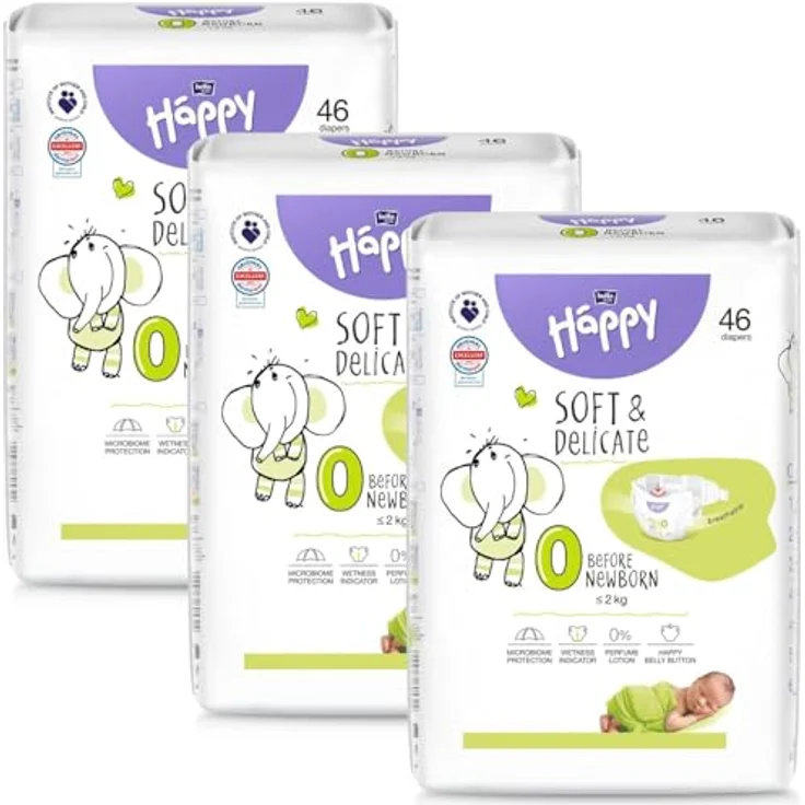 Bella Baby Happy Soft&Delicate Size 0 Before Newborn, Einwegwindeln für Neugeborene bis 2 kg, 46 St., atmungsaktiv und allergiefrei – Bild 1