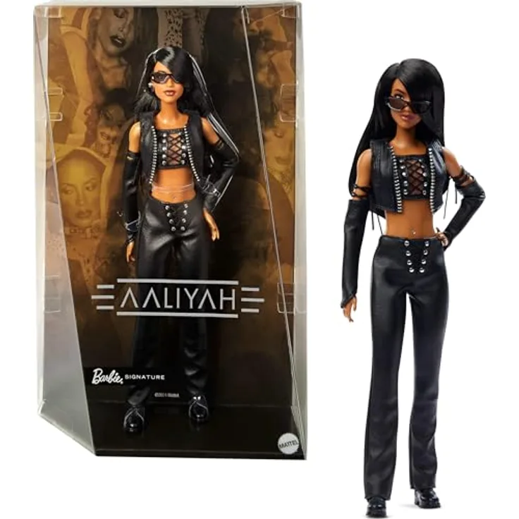 Barbie Anziehpuppe Signature Music Series - Aaliyah, schwarze Puppe im Outfit des Musikvideos "One in a Million" mit Puppenständer und Echtheitszertifikat