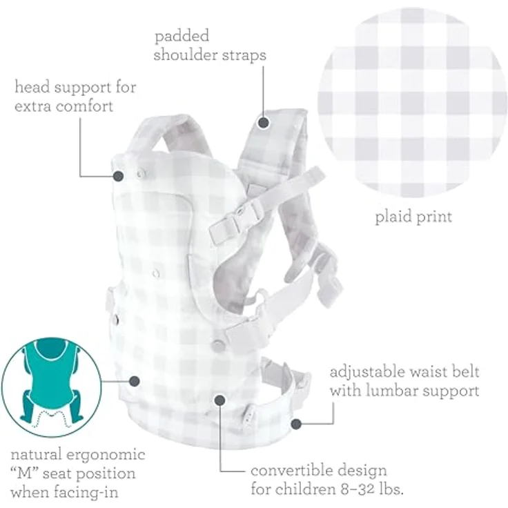 Infantino BKids Babytrage Flip Advanced - Ghingham Print, 4-in-1 Bauchtrage für Babys von 3,6 - 14,5 kg, ergonomisch & pflegeleicht – Bild 6