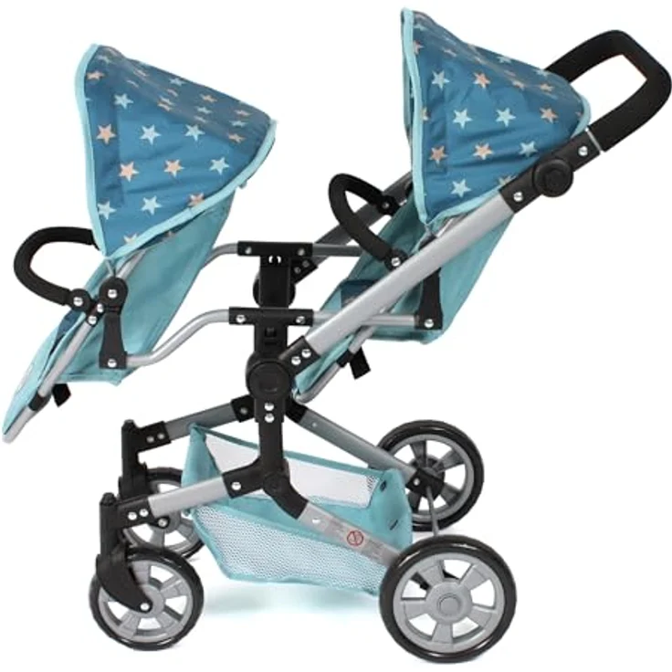 Bayer Chic 2000® Puppenwagen Linus Duo, faltbarer Zwillingspuppenwagen in Sternchen Türkis, verstellbarer Griff 50-82 cm, für Puppen bis 50 cm, geeignet für Kinder von 4-8 Jahren – Bild 2