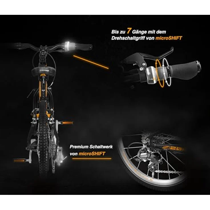 PROMETHEUS BICYCLES PRO Kinderfahrrad 20 Zoll Jungen Mädchen | 7-Gang Schaltung, leichter Aluminiumrahmen, Schwarz Matt Orange – Bild 4