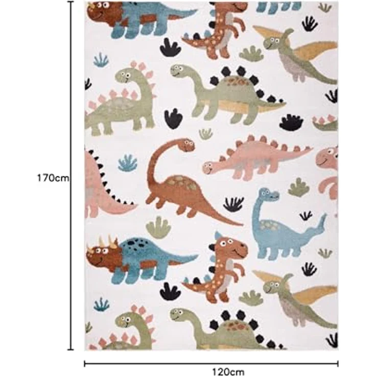 rugsx Fun Dino Kinderteppich, Dinosaurier-Muster, Creme, 120x170 cm, 100% Polypropylen, pflegeleicht, für Fußbodenheizung geeignet – Bild 3