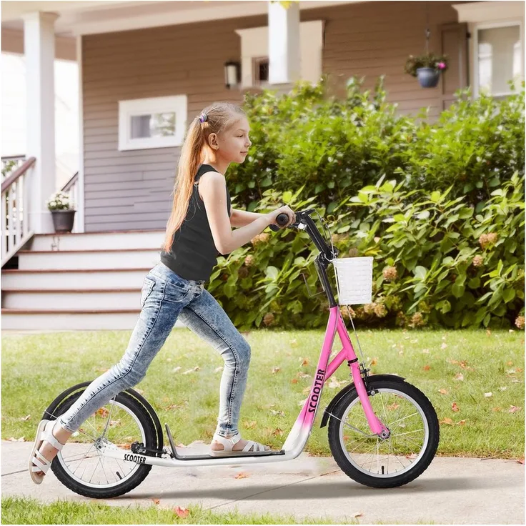 HOMCOM Cityroller Kickscooter für Kinder 5-12 Jahre, höhenverstellbar, inkl. Korb, Rosa+Schwarz