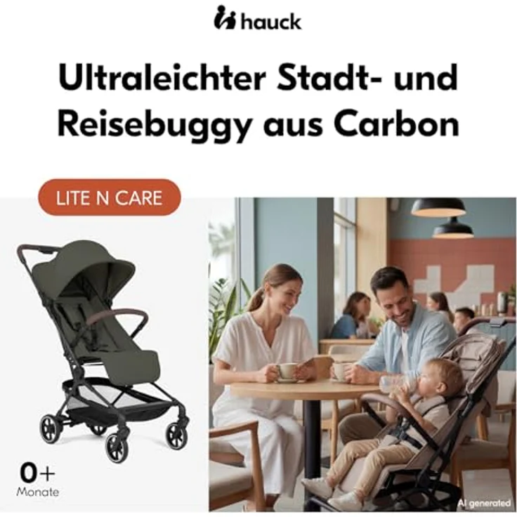 hauck Lite N Care - Ultraleichter Carbon City- & Reisebuggy, IATA-konform, Klein faltbar mit Tragegurt, Liegefunktion, ab Geburt bis 22 kg, UPF 50+, XL Netzfenster, Pannensicher - Dark Olive – Bild 2