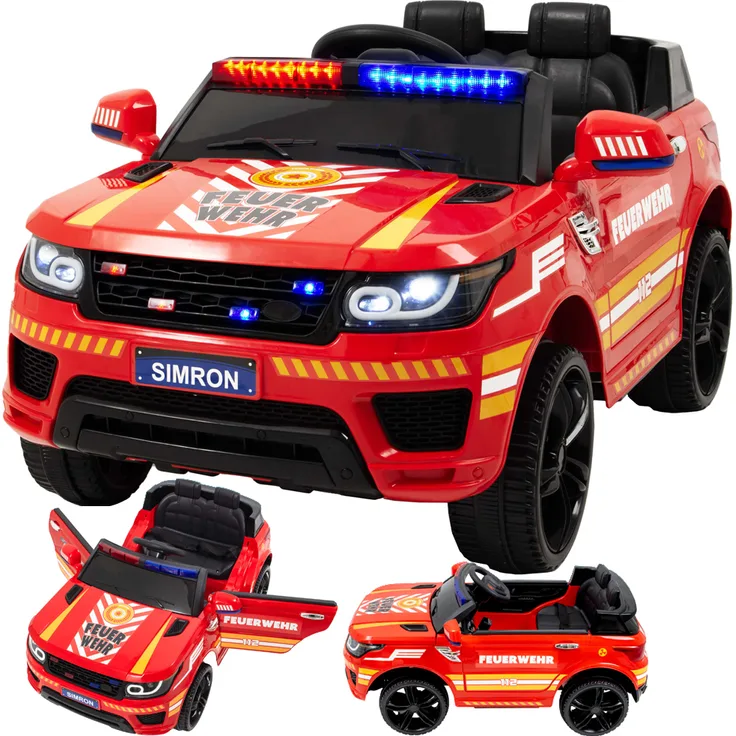 SIMRON Deutsche FEUERWEHR Kinderauto Feuerwehrauto mit Sirene und Martinshorn Bluetooth Kinder Elektroauto Gefedert - 12V Akku, Fernbedienung, Bluetooth, MP3, LED - Blau