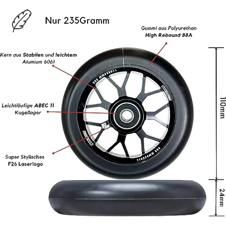 Fantic26 Stuntscooter Fantic26 Spy7 Stunt-Scooter Rolle 110mm Abec11 Lila/Pu Grün, Aluminium 6061-T6, ABEC-11 Kugellager – Bild 6