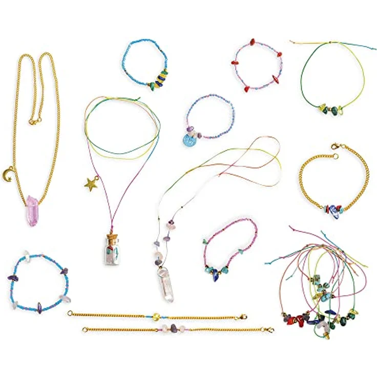 Janod Kreativset Glücksstein-Schmuckstücke, Bastelset zur Herstellung von 16 Armbändern und Halsketten aus echten Steinen, ab 8 Jahren – Bild 2
