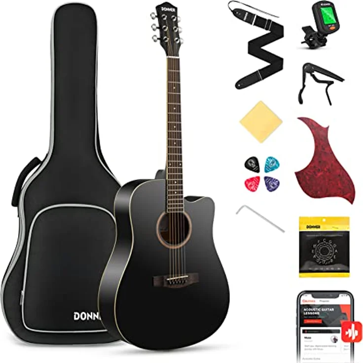 Donner Akustikgitarre Set in voller Größe Akustik Gitarre 4/4 Cutaway Anfänger Erwachsene 41 Zoll mit Gigbag Capo Plektren Gurt Saiten (Schwarz） – Bild 1