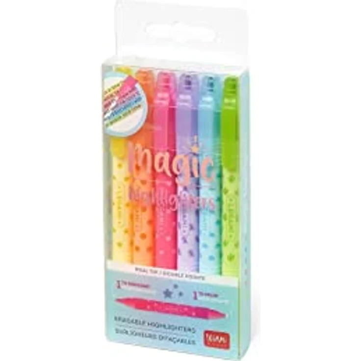 Legami - Set mit 6 abwischbaren Textmarkern, Magic Highlighters, Doppelspitze zum Markieren und Löschen, geeignet für feine und dicke Striche, in Gelb, Orange, Rot, Lila, Hellblau, Grün - Preisvergleich – Bild 5