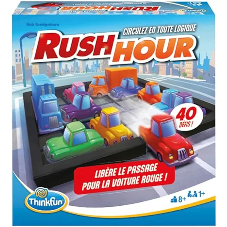 ThinkFun Rush Hour, Logikspiel mit 40 Herausforderungen in 4 Schwierigkeitsstufen, für 1 oder mehr Spieler, französische Version, ab 8 Jahren