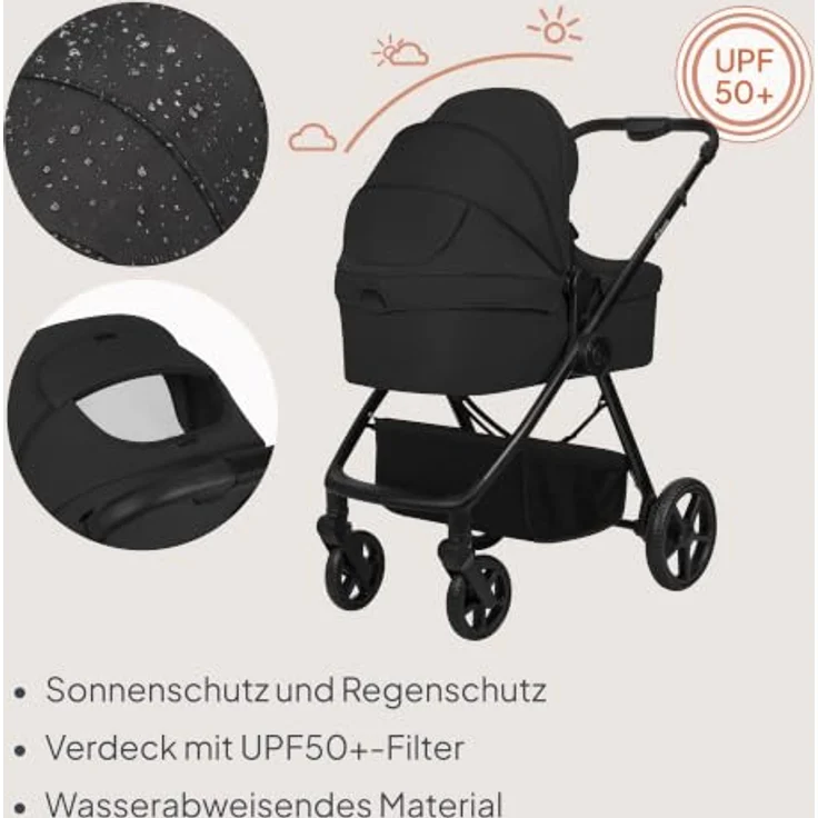 Lionelo Greet 3in1 Kombikinderwagen mit Babyschale und Sportsitz, Leichtgewicht, UPF50+, Wendbarer Sportsitz, Schwarz – Bild 6