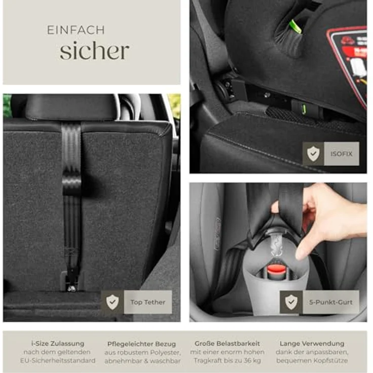 tectake Emely Autokindersitz, i-Size zugelassen, 5-Punkt-Gurt, für 9-36 kg, höhenverstellbar, atmungsaktiver Bezug, Schwarz – Bild 7