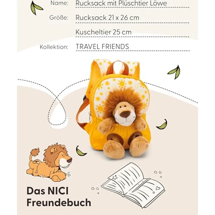 Nici Kindergartenrucksack NICI Travel Friends, Rucksack mit Plüschtier Löwe 25cm, gelb, mit verstellbarem Schultergurt und Reißverschluss – Bild 5