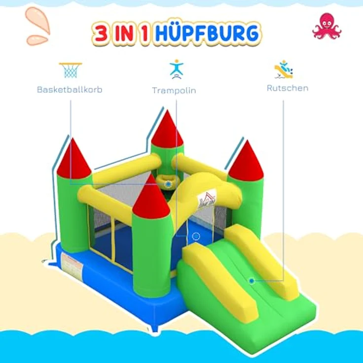 HOMCOM Hüpfburg mit Gebläse, Rutsche, Trampolin, (Kinderhüpfburg, 1-tlg., Spielburg), für Kinder 3 bis 10 Jahre, Oxford, 300 x 180 x 160 cm, Mehrfarbig – Bild 4