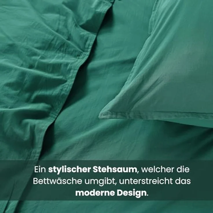 wometo Bettwäsche Renforce Stone-Washed 155x220 & 80x80 cm 100% Baumwolle - tannengrün OekoTex weich modern Used-Look Leinen-Optik – Bild 5