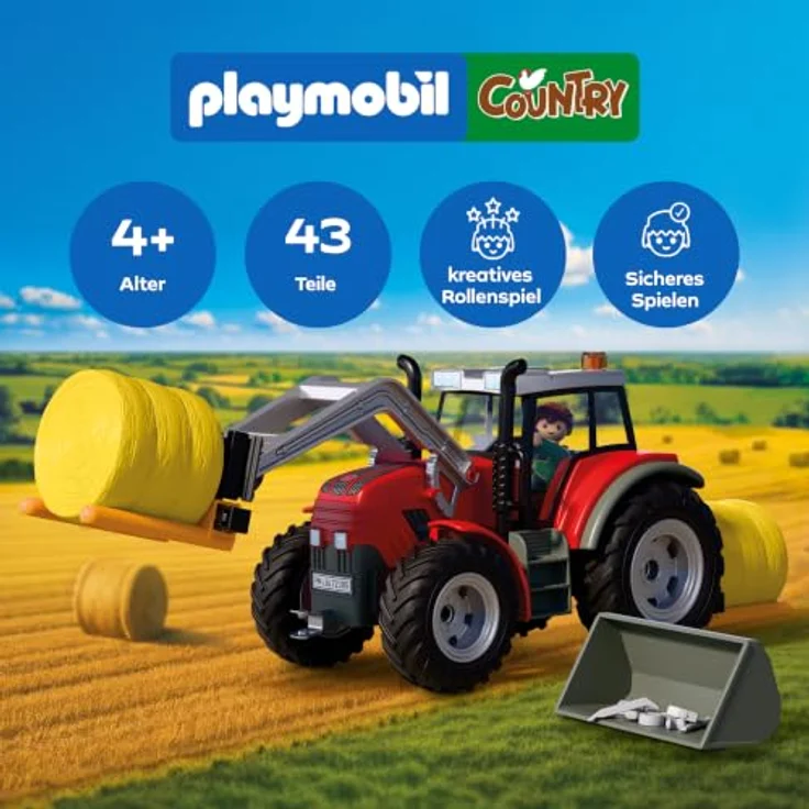 Playmobil Large Tractor with Hay Bales, Spielzeug-Traktor mit Frontlader, Rundballengabel und verstellbaren Anbaugeräten – Bild 2