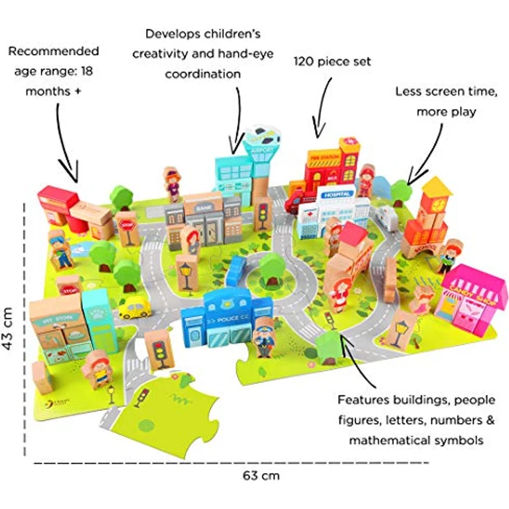 Classic World Wooden Blocks City, 120-teiliges Set mit Fahrzeugen, Alphabet, Zahlen und Puzzle-Elementen für Kinder ab 18 Monaten – Bild 4